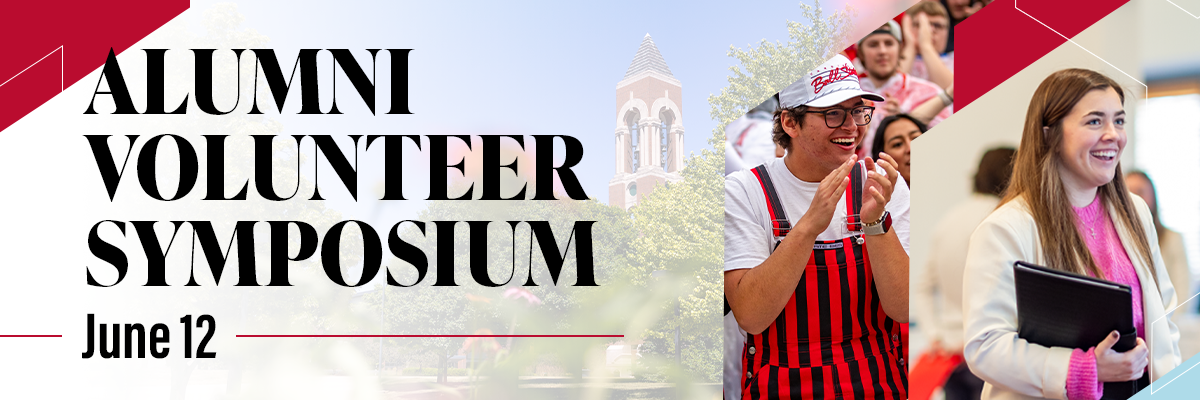 Red Angled corners, overview of McKinley Ave. with the Bell Tower in the background. with a student clapping in black and red overalls and another with a book. Angled from. Alumni Volunteer Symposium in bold stacked, June 12 under it, with Red thin line. 