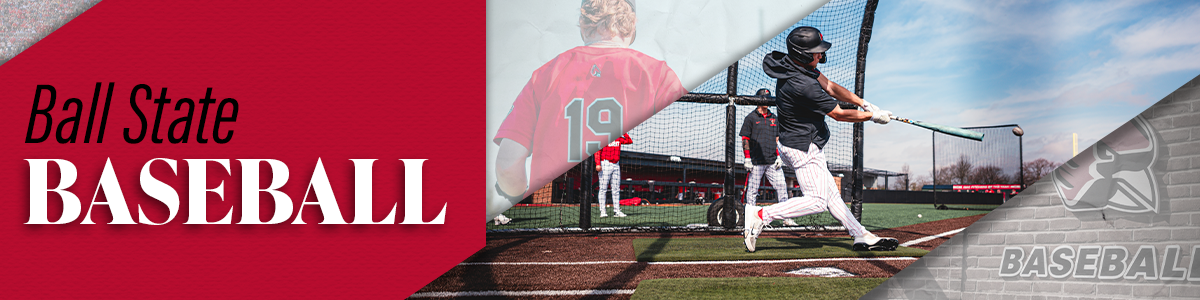 Red angeled rectangle person hitting baseball, player running out and cardinal head in background, Ball State in black and Baseball in white in red angeled rectangle.