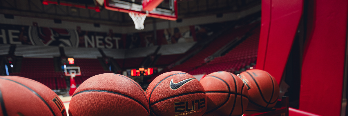 Basketballs lined up under Goal in Worthen Arena