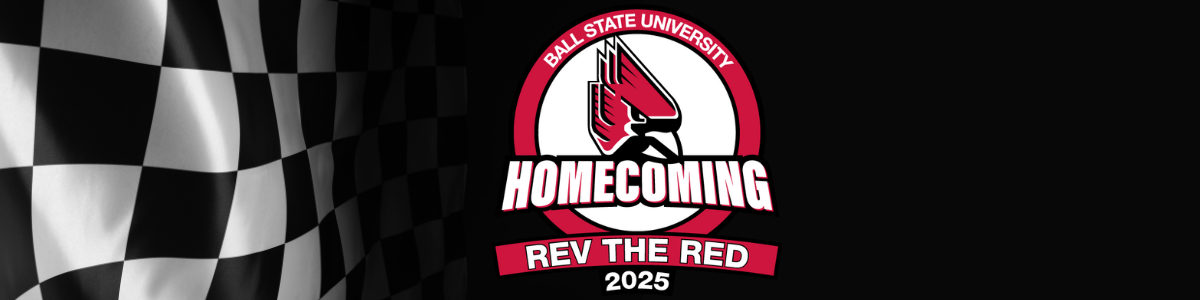 Ball State University Homecoming Logo Rev the Red on black background and checkered flag
