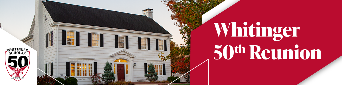 Banner for the Whitinger 50th Reunion featuring the historic Whitinger School building, a white two-story house with black shutters and a central entrance, surrounded by autumn trees. The Whitinger School 50th Anniversary logo appears on the left, and the text "Whitinger 50th Reunion" is displayed prominently on a Ball State cardinal red background on the right.