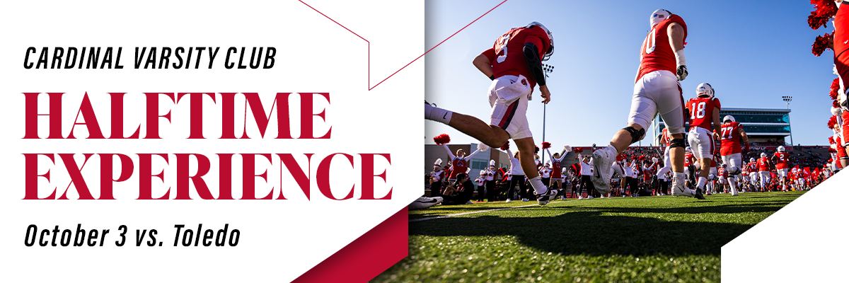Cardinal Varsity Club Kickoff to the Fall promotional banner featuring a Ball State volleyball player holding a volleyball and a Ball State football player holding a football.