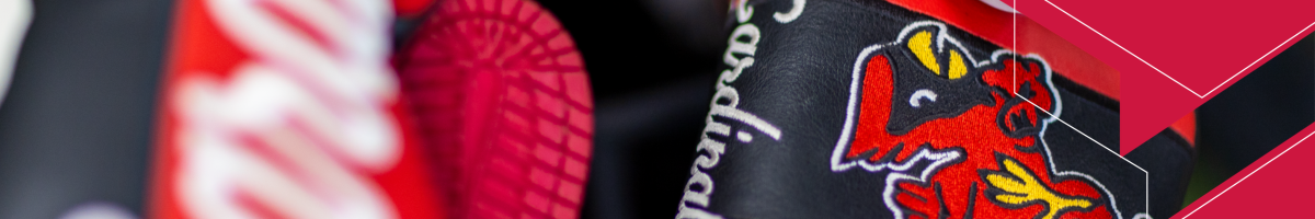 Golf Bag with dancing charlie and abstract shapes on right hand side